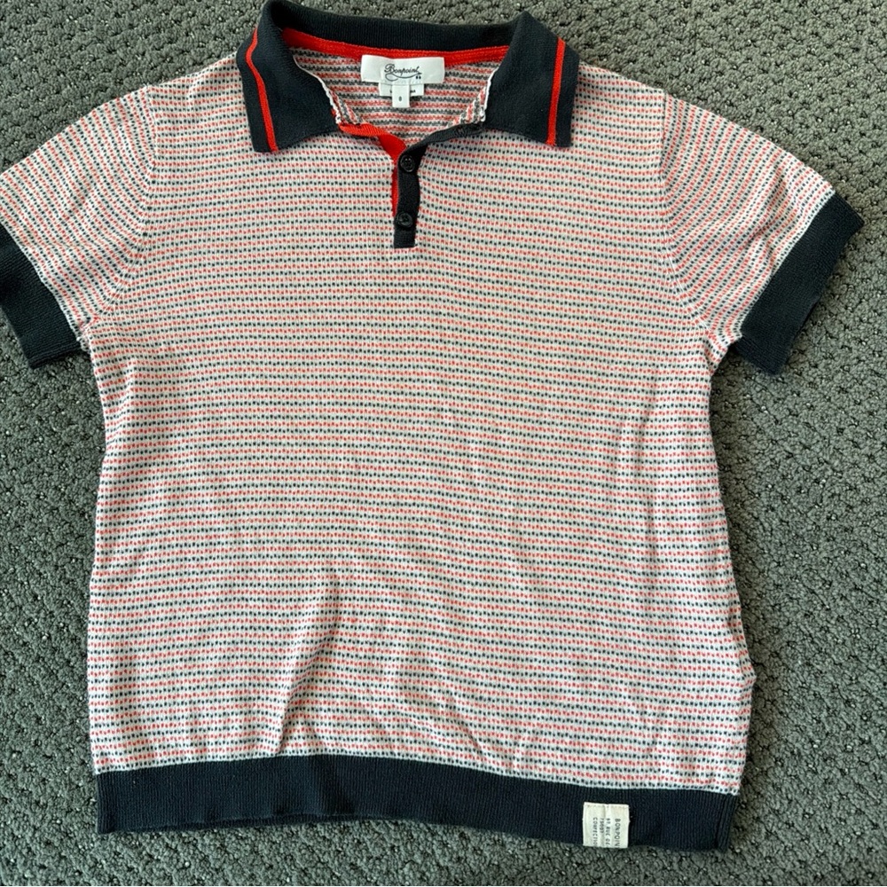 Bonpoint Boys Knit Polo Shirt Size 8 Designer Short Sleeve Blue/Red/White